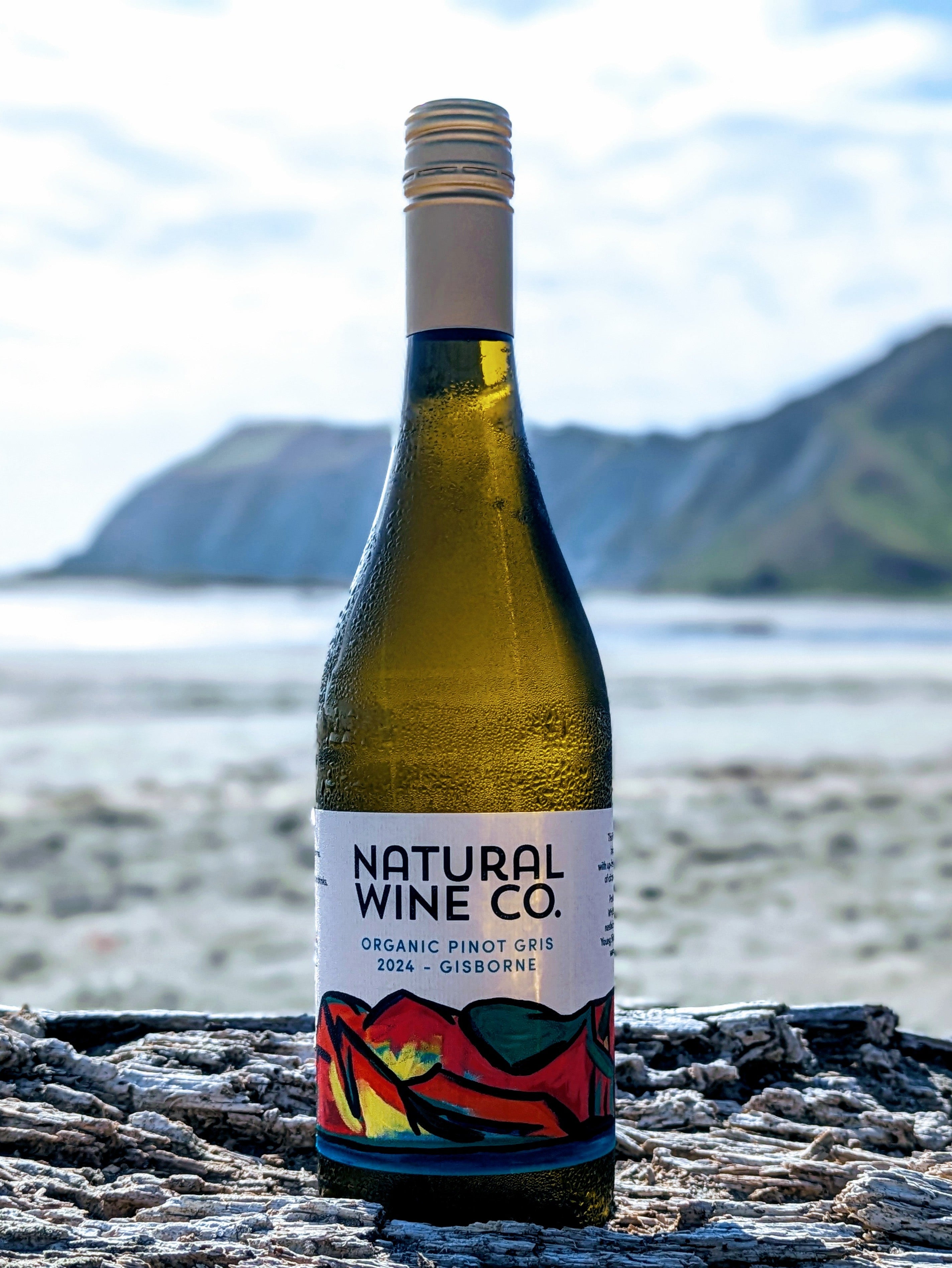 Bottle of Natural Wine Co. wine pinot gris on a beach with Young Nicks Head in the background